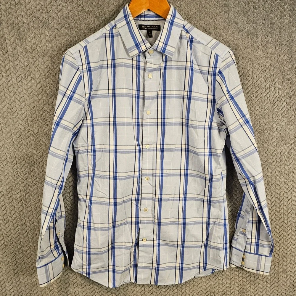 Banana Republic Mens M Non-Iron Tailored‎ Slim Fit Plaid Button Down Shirt Blue